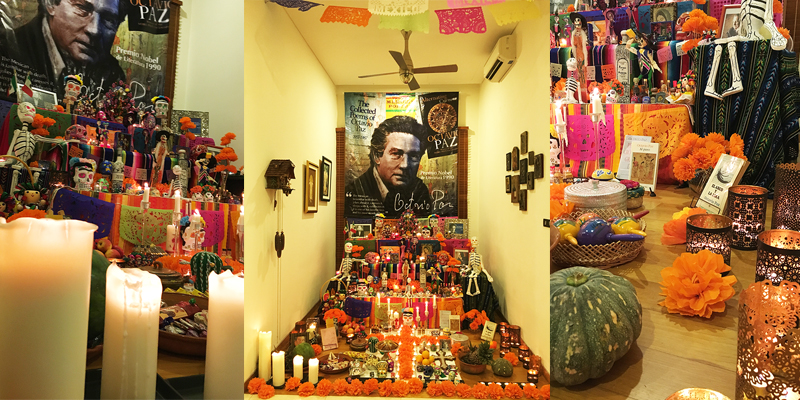 View and closeups of the altar the Mexican Embassy prepared for Octavio Paz.